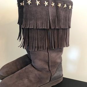Jimmy Choo x UGG tall brown w/ fringe & gold studs